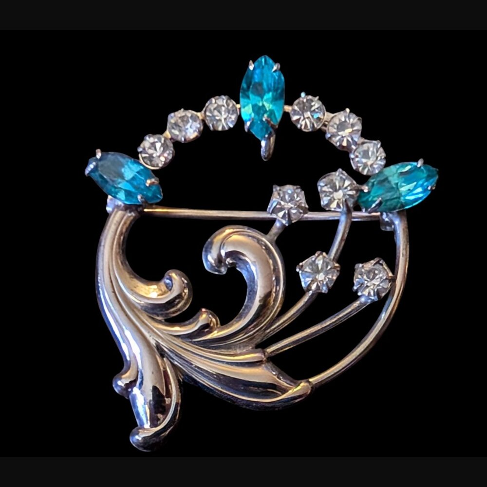 Vintage 925 Sterling Blue Clear Rhinestone 1.25" Brooch Pin